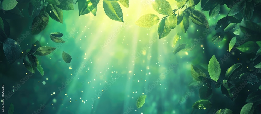 Poster ethereal light filtering through lush foliage creating a serene atmosphere with space available for 