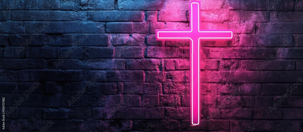 Poster neon cross sign illuminating dark brick wall with vibrant colors and empty space for text or message