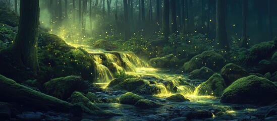 Obraz premium Enchanting glowing streams meandering over moss-covered logs in a serene rocky creek with space for your text overlay