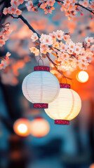 Obraz premium Lanterns hanging among cherry blossoms with warm glow