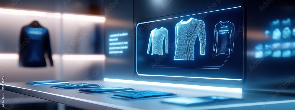 Poster futuristic display of apparel design featuring digital prototypes and innovative technology in a mod