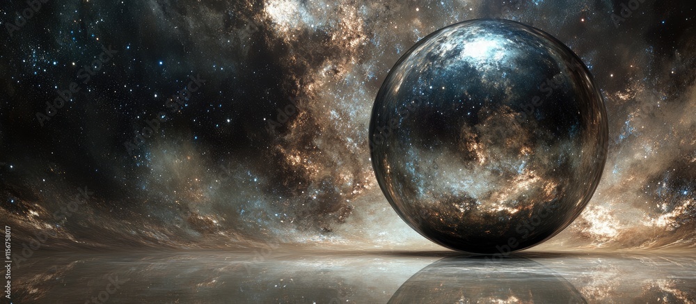 Poster cosmic reflection of the universe with a spherical mirror and vast empty space for text or design el