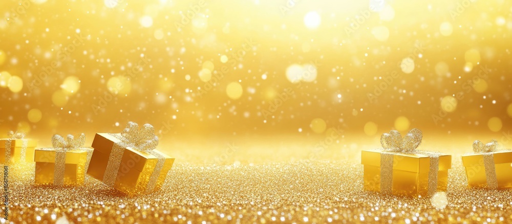 Poster golden festive background with sparkling gift boxes and ample space for personalized text or message
