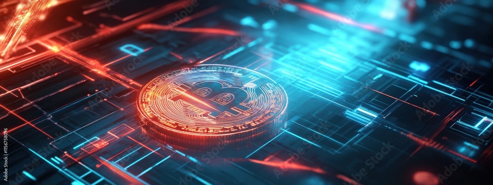Aufkleber futuristic close-up of bitcoin coin surrounded by neon circuit patterns, symbolizing cryptocurrency 