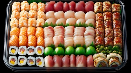 Luxurious sushi platter with various types of fish, rolls, and garnishes.