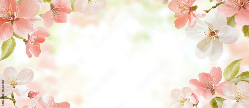 Poster elegant flower border in soft pink white and green hues featuring empty text space for customization
