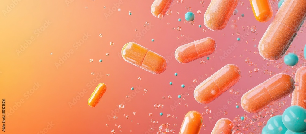 Poster colorful antibiotic pills falling in dynamic arrangement with space for customizable text background