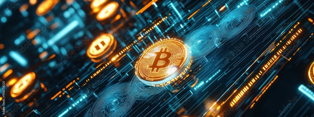 Poster digital cryptocurrency network featuring bitcoin symbol with futuristic technology and glowing eleme
