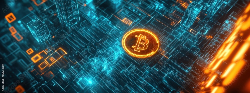 Aufkleber futuristic digital landscape representing virtual currency transactions with bitcoin icon in center 