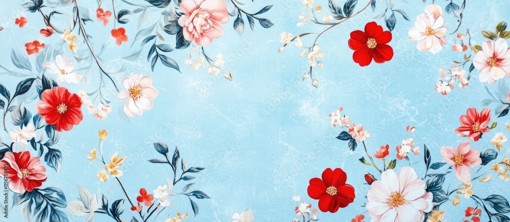 Poster floral print flat lay composition on seamless blue background with blank space for custom text or de