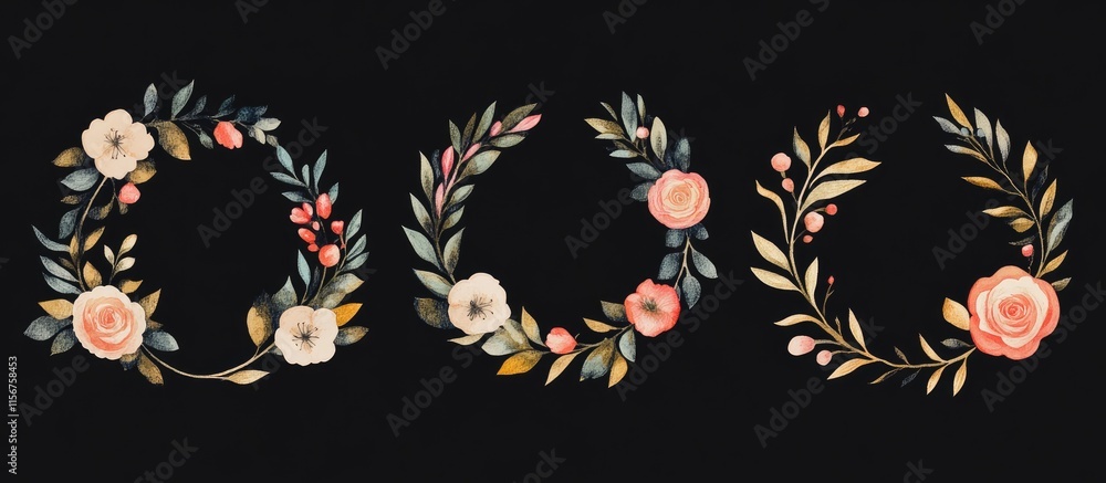 Poster floral monogram collection on dark background with blank space for custom text and personalization o