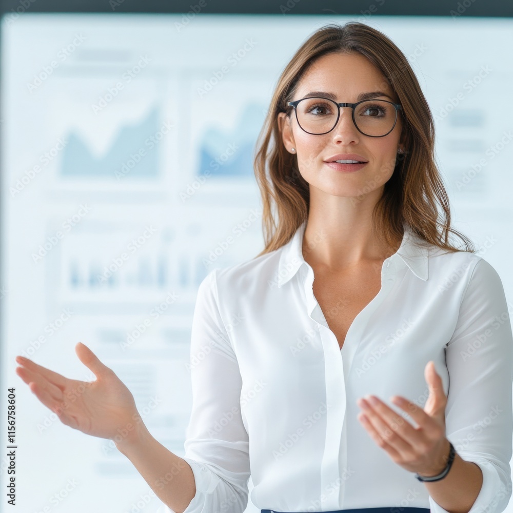 Poster professional businesswoman in eyeglasses presenting data insights with graphs background in modern o