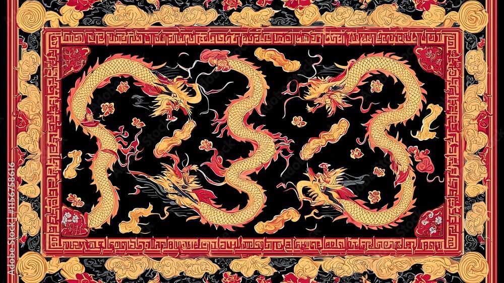 Poster elegant and ornate digital chinese new year pattern with repeating golden dragons and a rectangular 