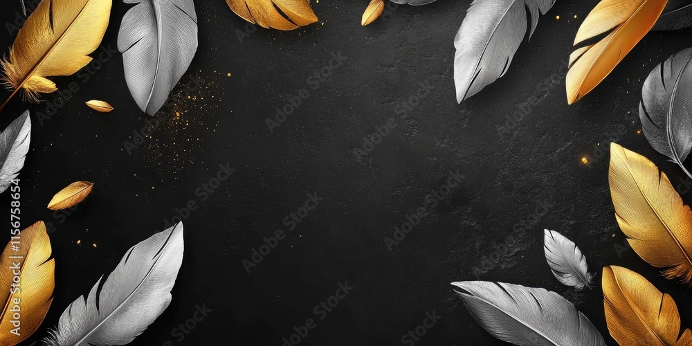 Poster elegant background featuring gold and silver feathers with a dark surface and ample copy space for t