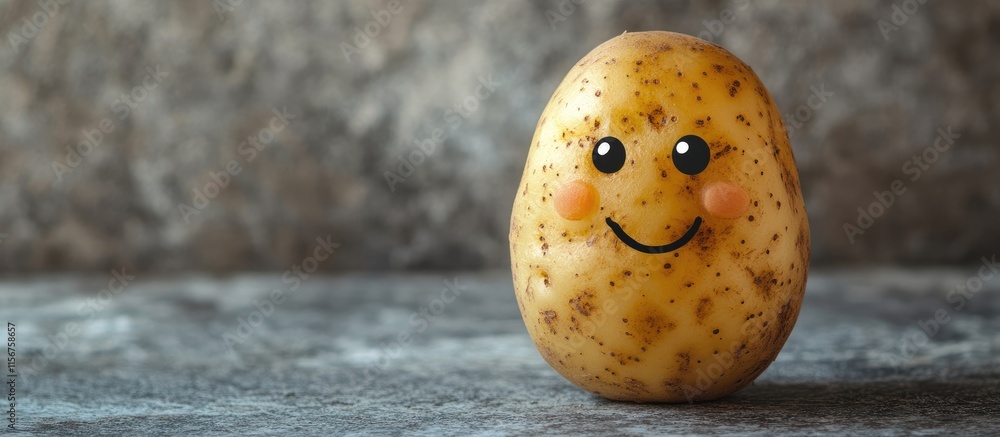Poster adorable potato character with smiling face highlighting unique features and space for text in a pla