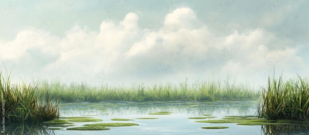 Poster serene wetlands landscape with algae and calm shallow water providing ample space for text or graphi