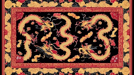 Elegant and ornate digital Chinese New Year pattern with repeating golden dragons and a rectangular space for text  Pixel perfect detail and traditional oriental design