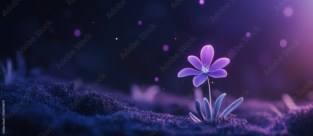 Poster mystical summer evening scene featuring a single violet flower bathed in soft light against a dark b