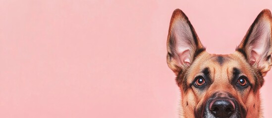 Obraz premium Charming German Shepherd Portrait with Playful Expression and Soft Pink Background for Customized Text or Message Space