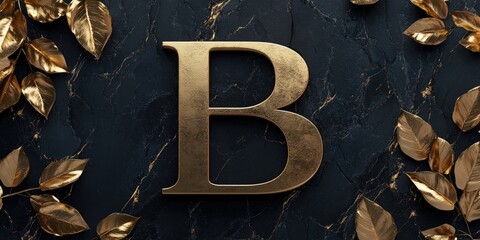 Sophisticated Gold Letter B Design Surrounded by Luxurious Leaves on Dark Marble Background with Copy Space for Text