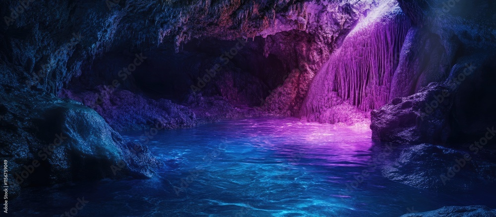 Poster mysterious cavern with vibrant luminous waters and ample copy space for creative text applications