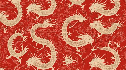 Detailed Digital Chinese New Year Pattern with Repeating Golden Dragons and Rectangular Space for Text  Pixel Perfect Decorative Suitable for Festive Asian Culture Themed Designs