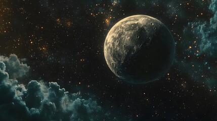 A Cratered Moon in a Starry Cosmic Nebula