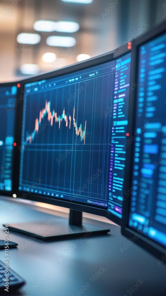 Poster modern digital trading screens displaying stock market trends with colorful charts, data analysis, a