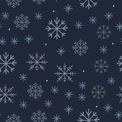 minimalistic winter blue snowflakes dark navy background seamless vector pattern