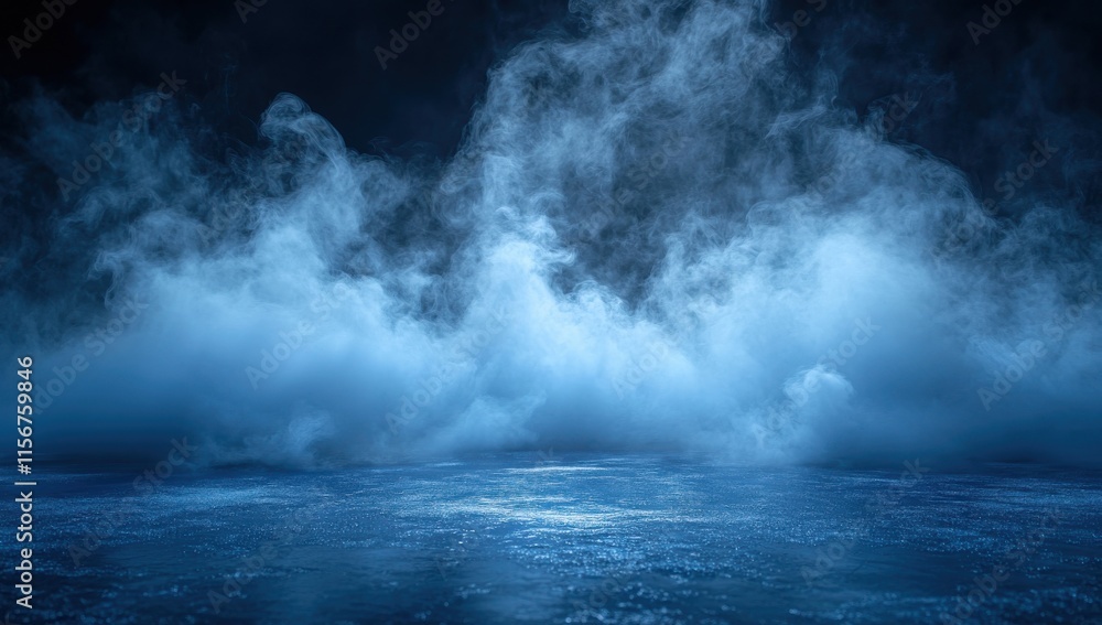 Poster ethereal and mysterious blue fog rising over a dark surface creating a dreamlike atmosphere for back