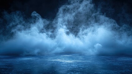Obraz premium Ethereal and Mysterious Blue Fog Rising Over a Dark Surface Creating a Dreamlike Atmosphere for Background or Artistic Projects