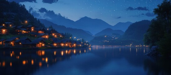 Serene mountain village by a lake at night.