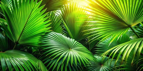 Obraz premium Vibrant Tropical Palm Leaves Background - Lush Greenery, Exotic Foliage, Eye-Level View