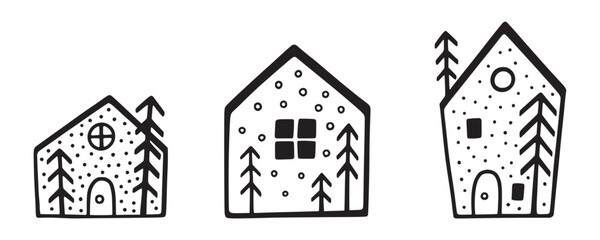 Winter houses with trees and snowflakes. Hand drawn vector. Black and white illustration.
