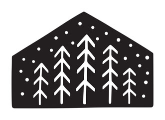 Winter house with trees and snowflakes. Hand drawn vector. Black and white illustration.