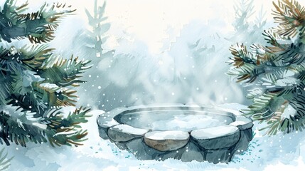 Minimalist watercolor illustration of a steaming stone hot tub surrounded by snow-laden fir branches --ar 16:9 --v 6 Job ID: fbbb2144-d37e-4d2f-b103-b3d2eaf238a3