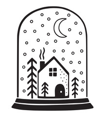 Snow globe. Hand drawn vector. Black and white illustration.