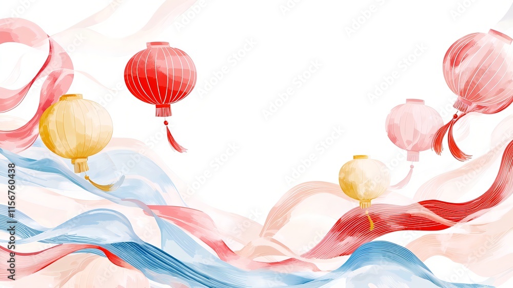 Poster Surreal and imaginative Chinese New Year dreamscape featuring floating lanterns and abstract waves of vibrant shimmering color  The text area is seamlessly integrated into the captivating