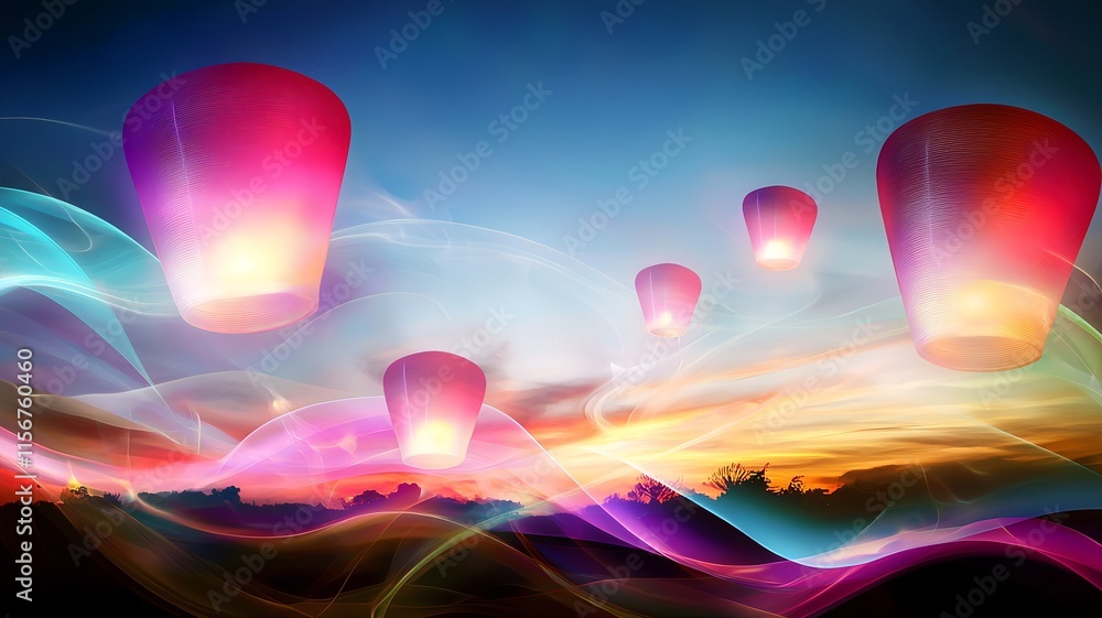 Poster surreal and imaginative chinese new year dreamscape featuring floating lanterns and abstract waves o