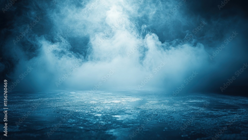 Poster ethereal fog and mist creating a dreamlike atmosphere with subtle blue lighting over a reflective su