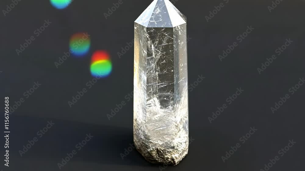 Poster shimmering clear quartz crystal with light reflections in a dark setting