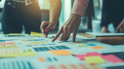 Young Asian business financial team work together in project brainstorm meeting. Cooperate teamwork, strategy planning, small business startup company, or office coworker collaborate concept