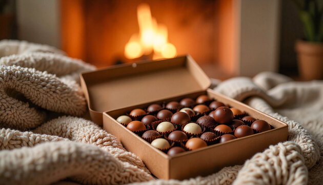 Delicious assorted chocolates in a festive box, cozy mood, holiday season concept