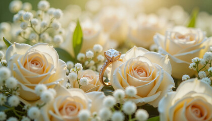 Elegant engagement ring among white roses, romantic mood, Valentine's Day concept