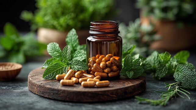 A glass jar of herbal oil infused with rosemary and spices on a white background