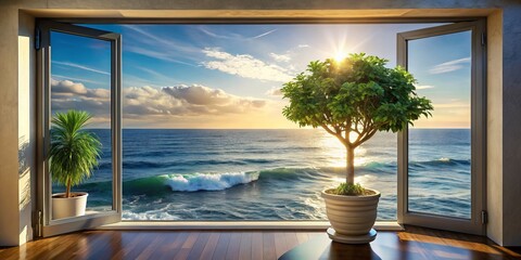 Wide-Angle Ocean View: Potted Tree & Coastal Serenity - Stunning Seascape Photography
