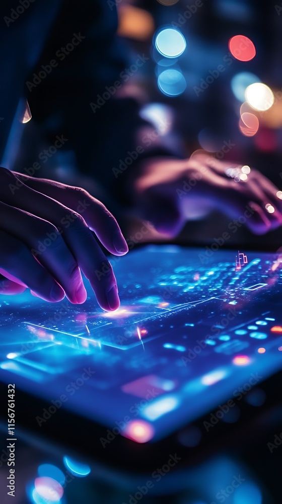 Poster hands using futuristic touchscreen interface. concept of technology, innovation, and digital future.