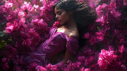 Stunning Woman in Purple Dress Amidst Blossoms