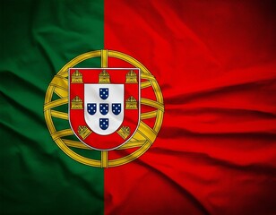 Obraz premium Portugal flag wavering in beautiful clouds with building skyline. The flag with drone shot in beautiful sky. Portugal national flag for independence day.