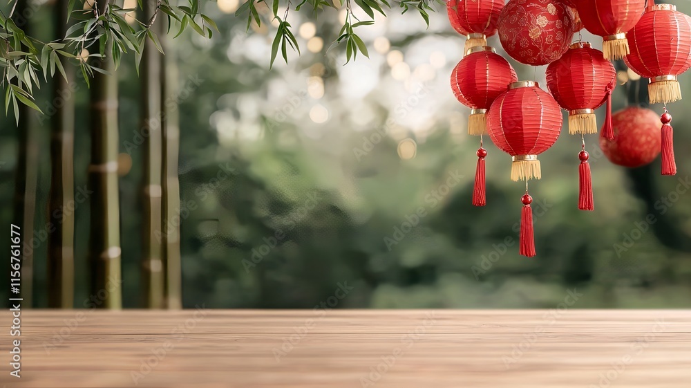 Poster rustic chinese new year themed backdrop with bamboo red lanterns and a natural toned text area for c